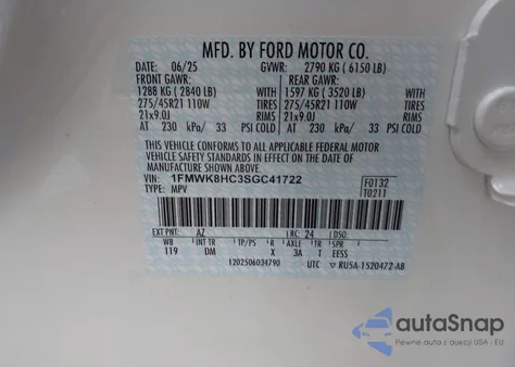 2025 Ford Explorer Platinum из США, поврежденный, VIN 1FMWK8HC3SGC41722